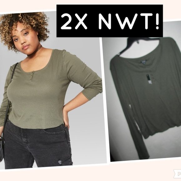 2X plus size Juniors Fit NEW Wild Fable Green Henley Crop Top Shirt - Picture 2 of 3